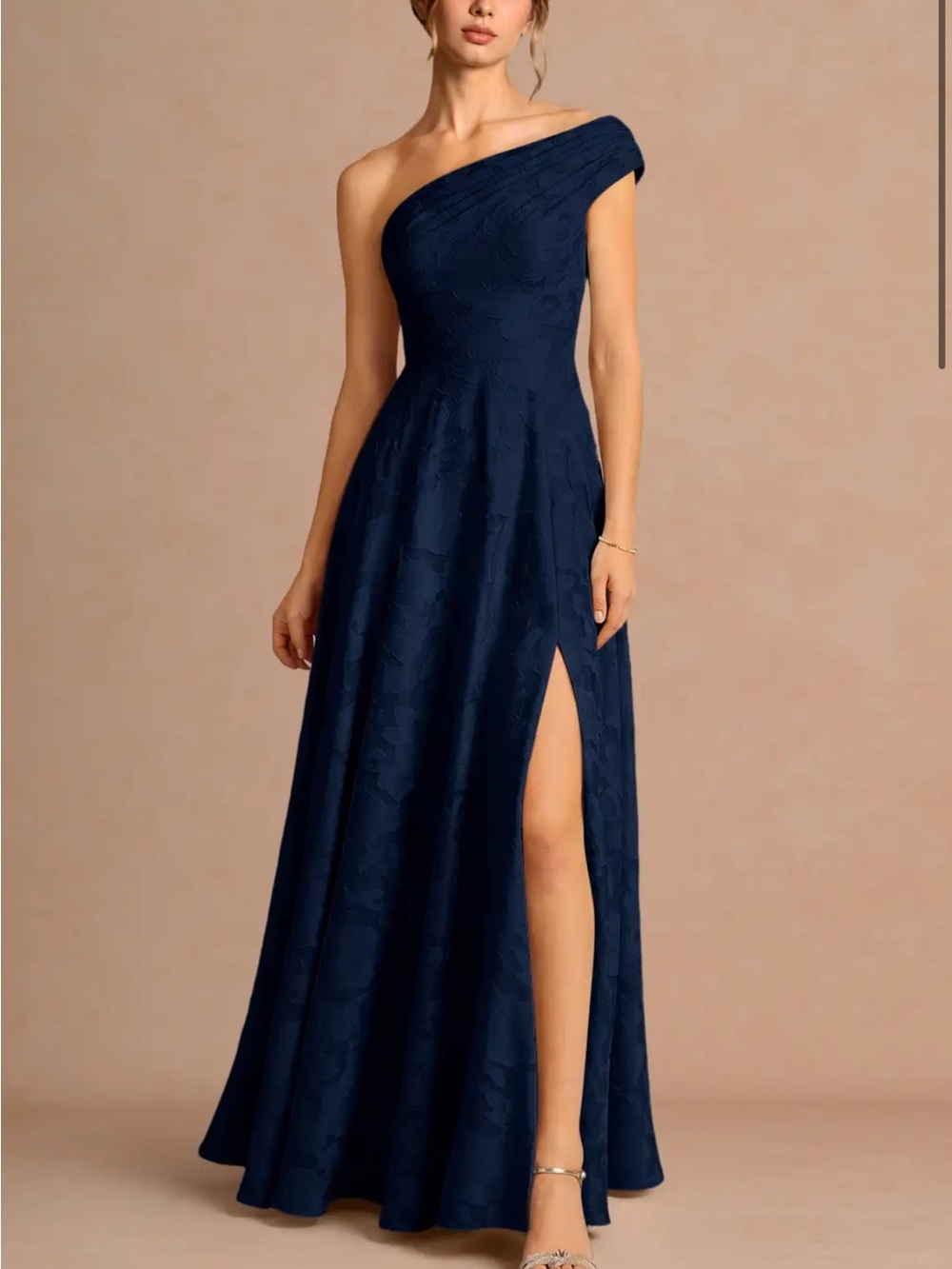 Azazie One-Shoulder Navy Maxi Gown with Thigh Slit